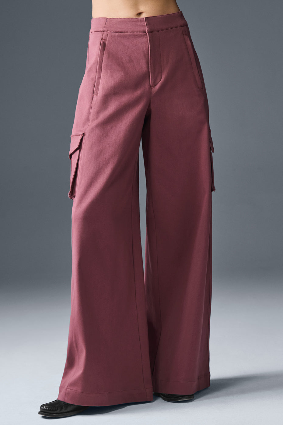 Front view of high waisted cargo pants showing pocket details