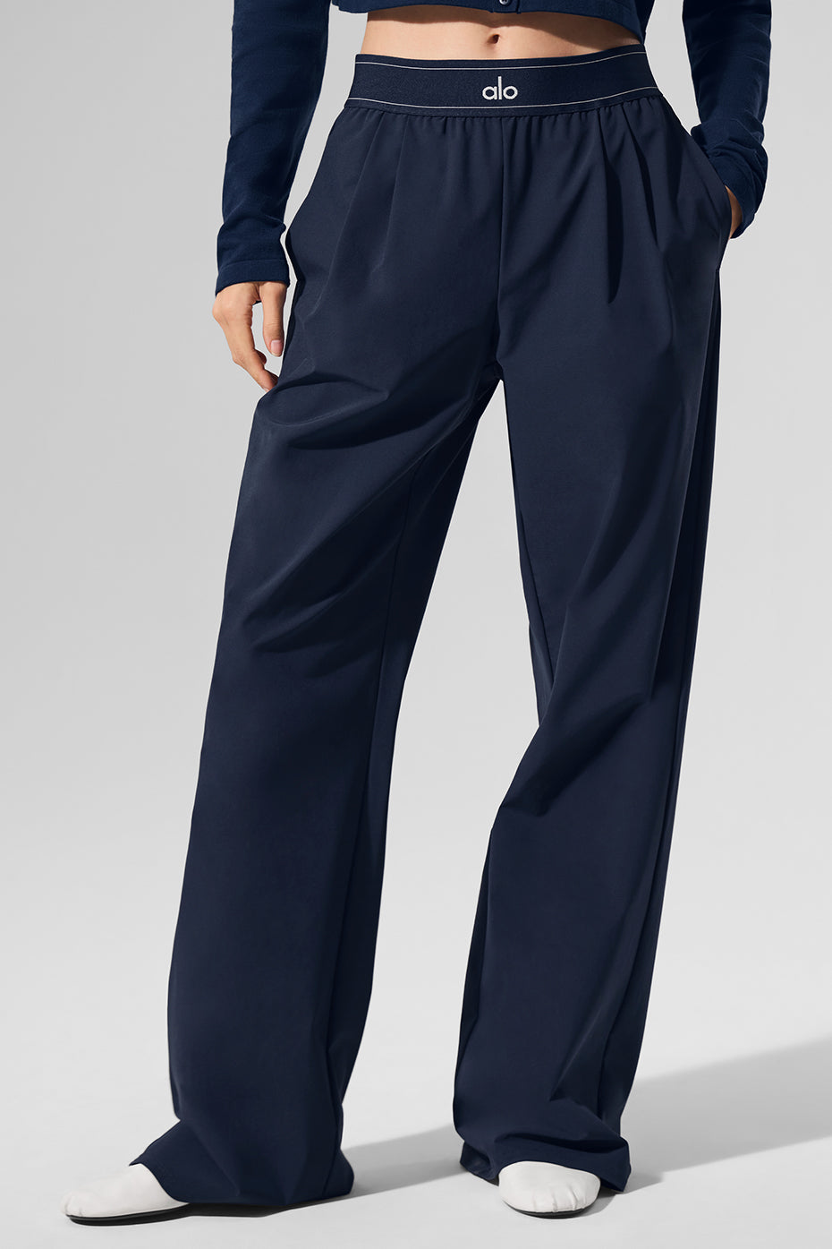 Front view of high waisted trousers men in navy, perfect for work.