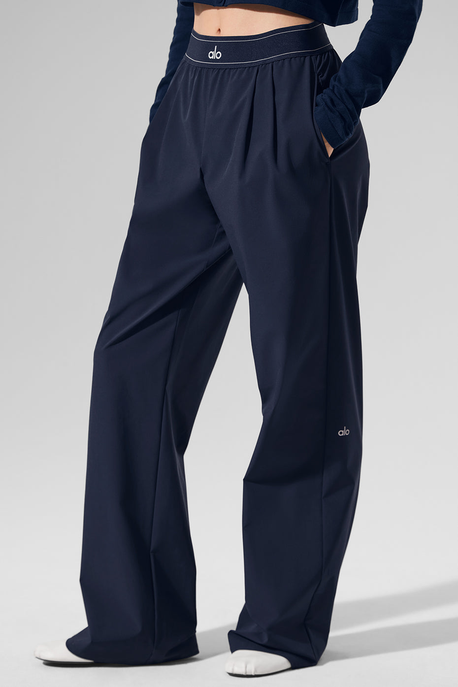 Front view of high waisted trousers men in navy, perfect for work.