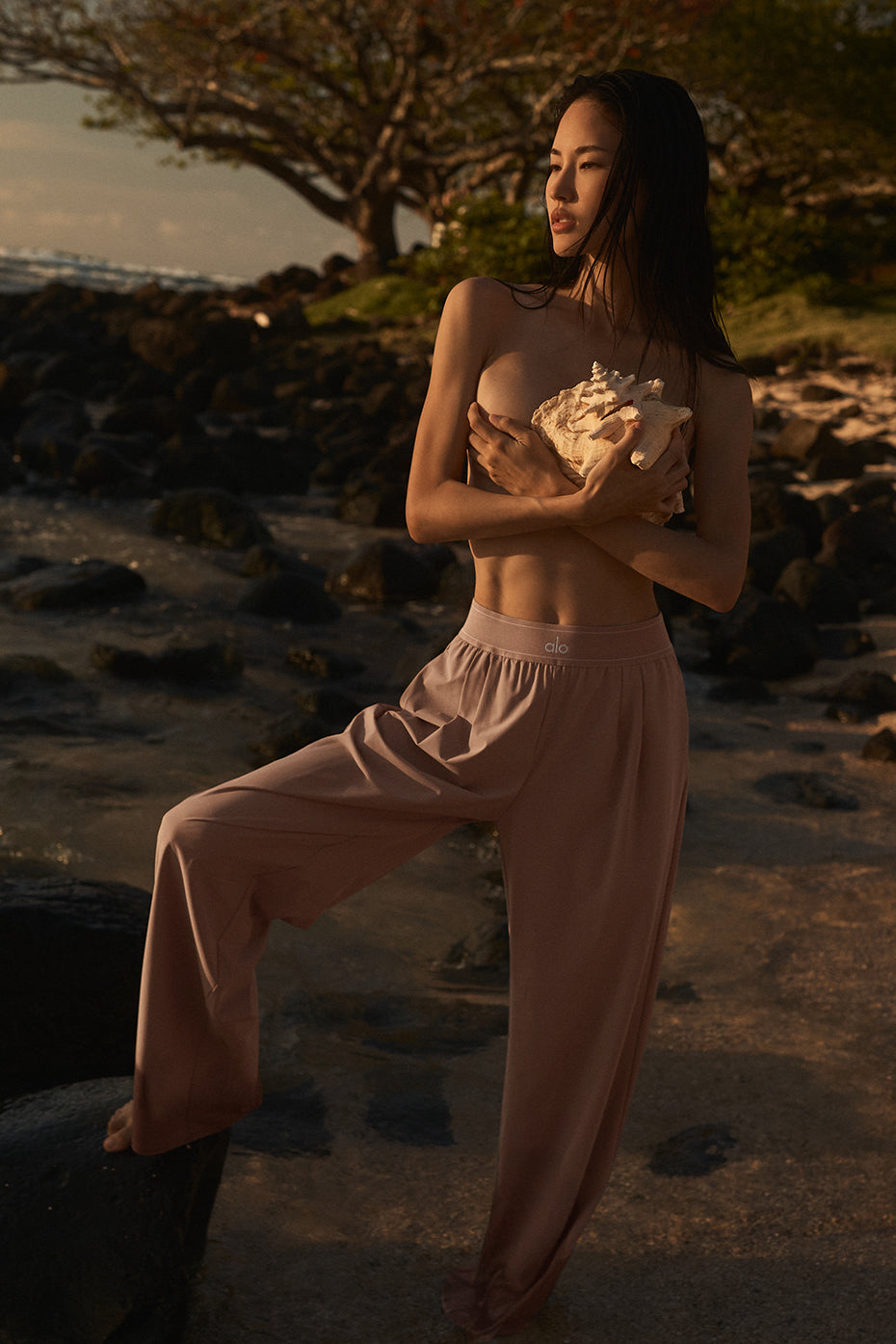 Front view of chic taupe trousers highlighting the elastic waistband.