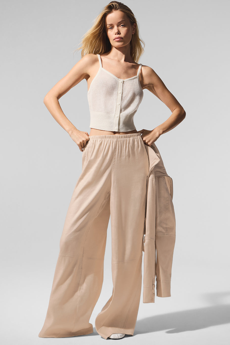 Close-up of cargo pocket detail on linen pants