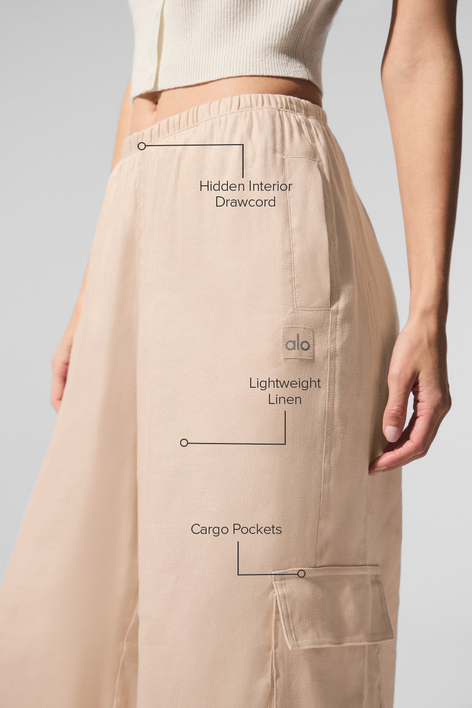 Close-up of cargo pocket detail on linen pants
