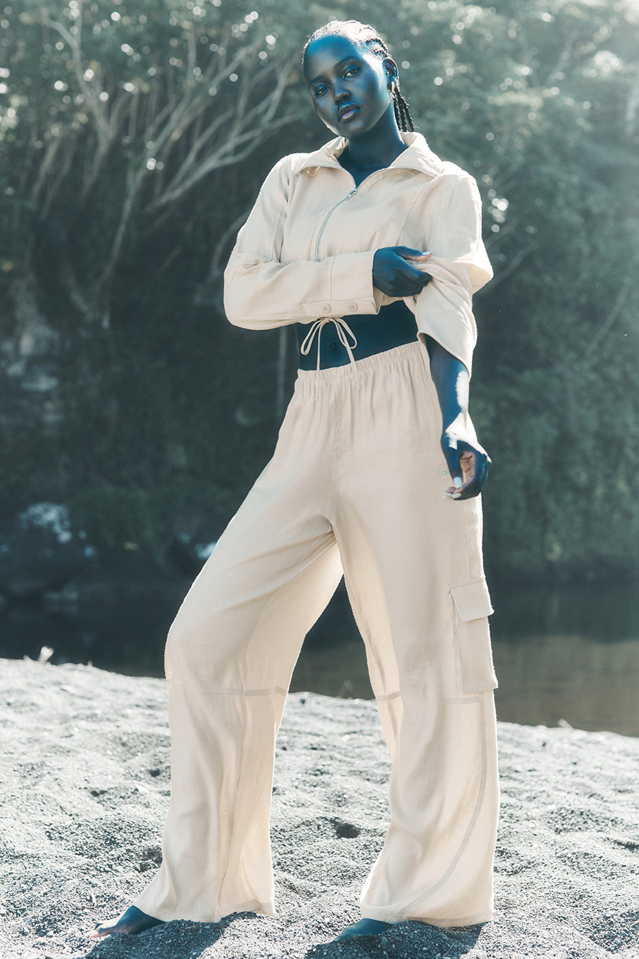 Macadamia linen cargo pants laid flat to show wide leg silhouette