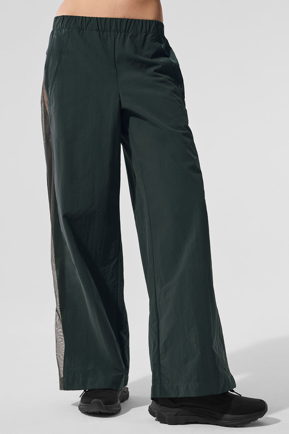 Casual street style look featuring Charcoal Green high-waist wide leg pants.