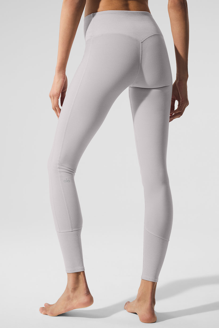 Close-up of Alosoft Luxe High-Waist Lounge Leggings in Grey Sky, showcasing fabric texture.