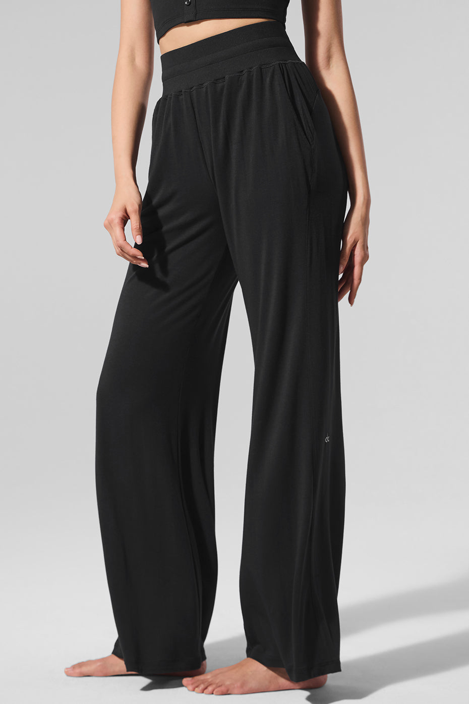 Front view of Elation Ultra High Rise Flare Lounge Pants in black.