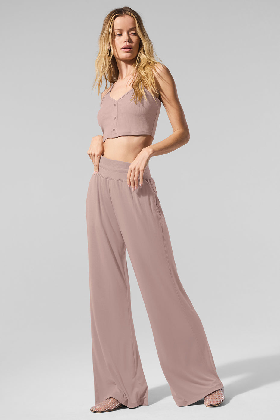 Front view of taupe wide leg lounge pants, showcasing the high-rise waist.