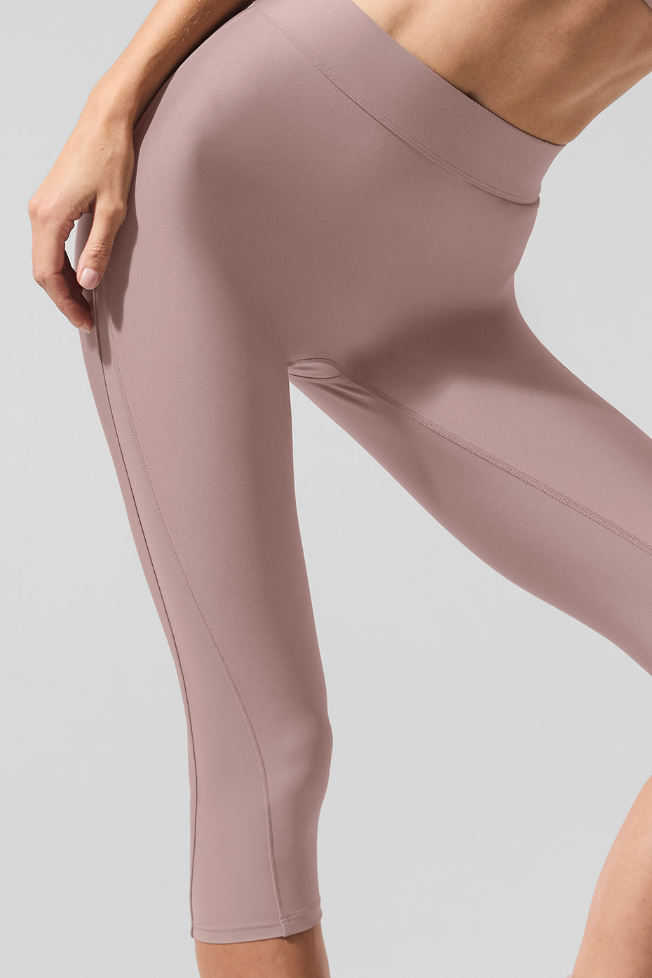 Front view of taupe Airlift Mesh High-Waist Capris, perfect for leg day workouts.