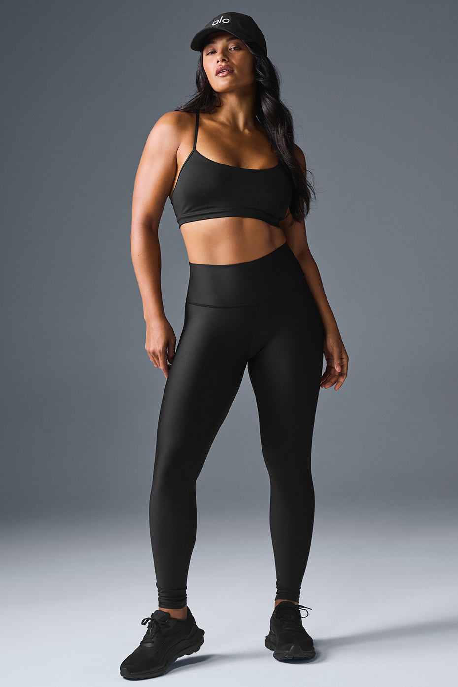 Airlift leggings in black, demonstrating four-way stretch