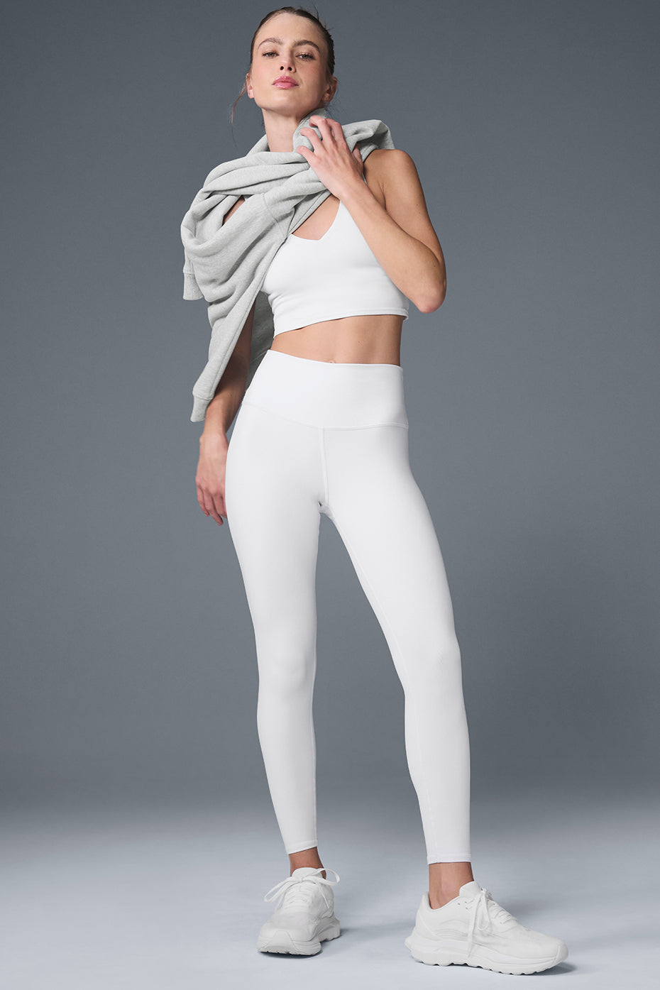 Front view of white high waist leggings with sculpting seams