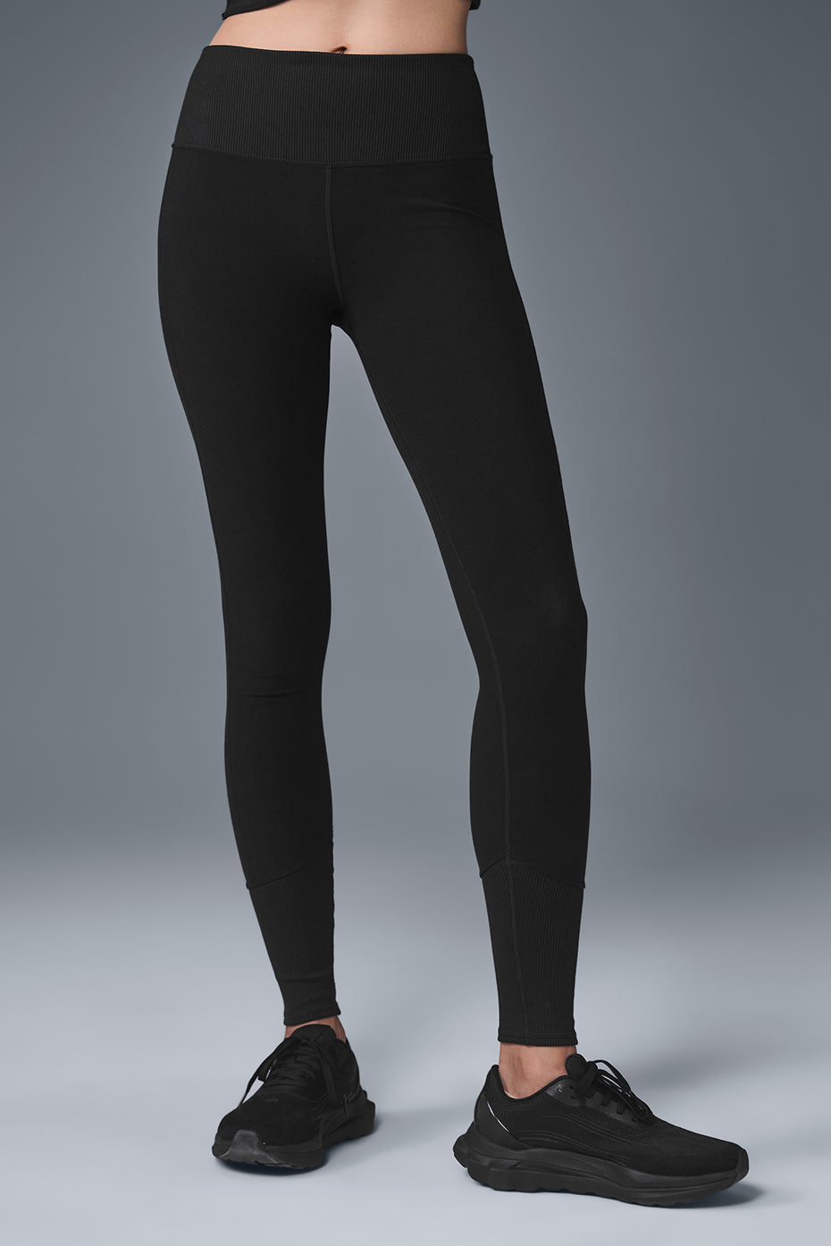 Front view of Alosoft black high-waist lounge leggings showcasing ribbed details.