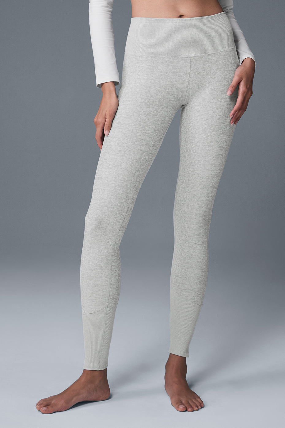 Front view of Alosoft high waist lounge leggings in athletic grey, showcasing the ribbed waistband.