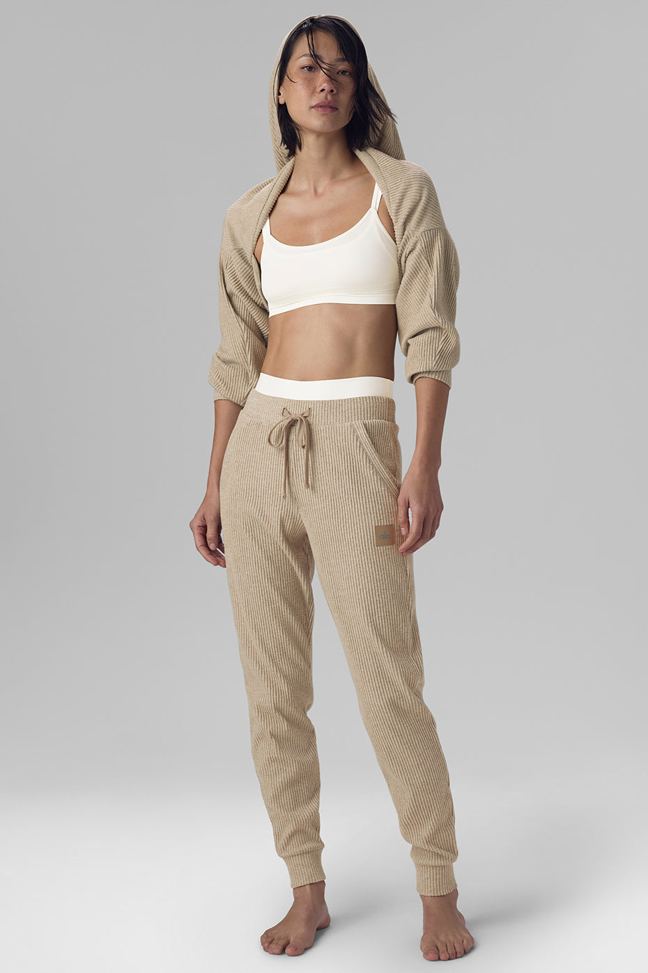 Front view of gravel heather joggers showing relaxed fit and ribbed texture