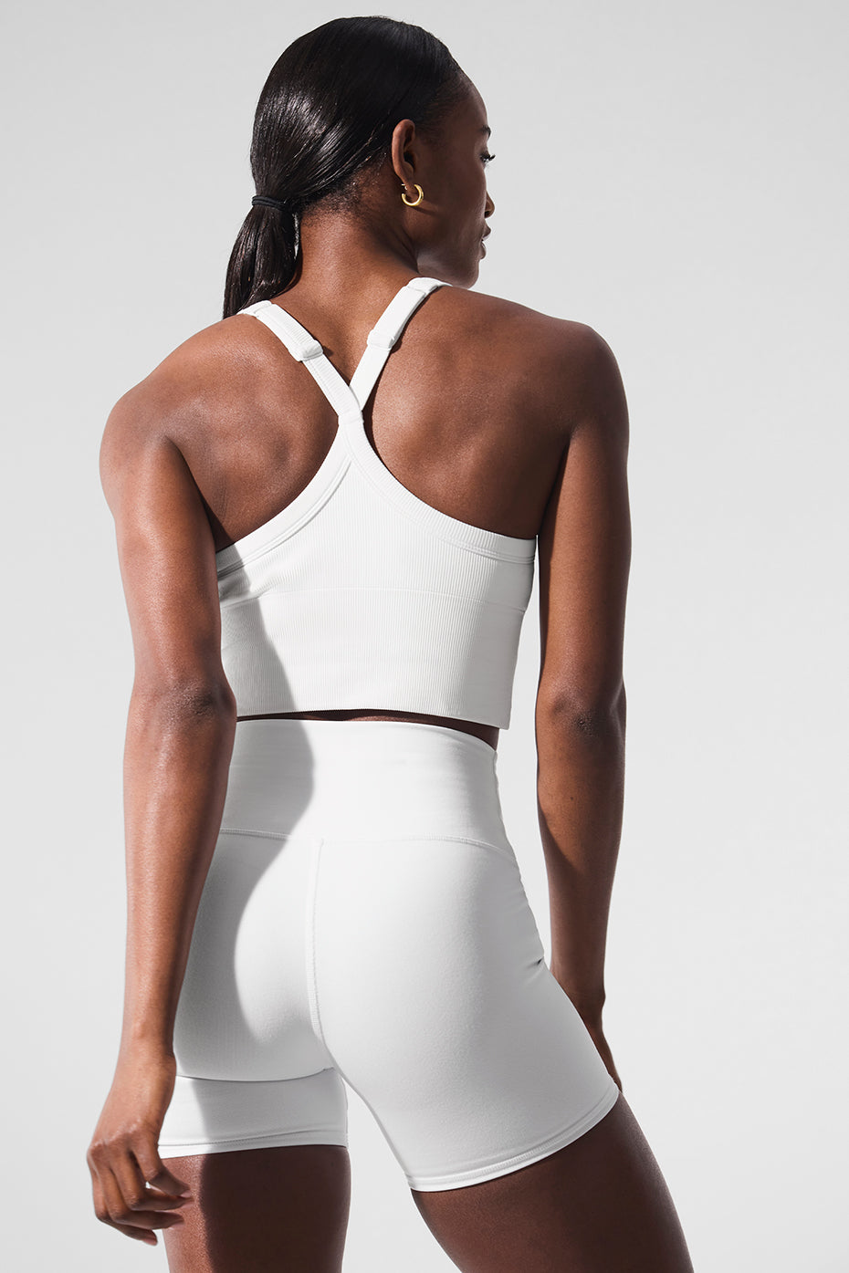 Close-up of the soft, seamless fabric of the ribbed tank.