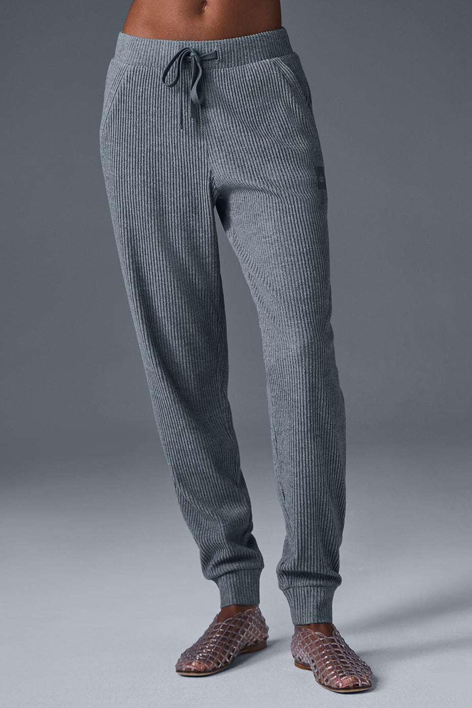 Wide leg sweatpants in grey heather with high-rise waistband and ankle cuffs