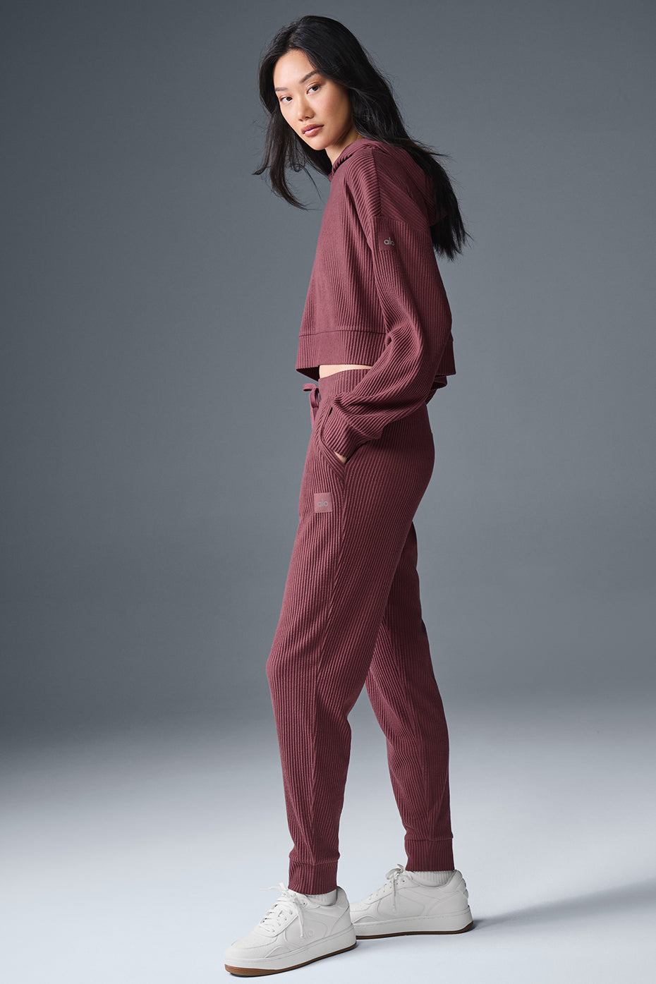 Front view of Muse Wide Leg Sweatpants in Burgundy Truffle, showcasing the soft fabric.