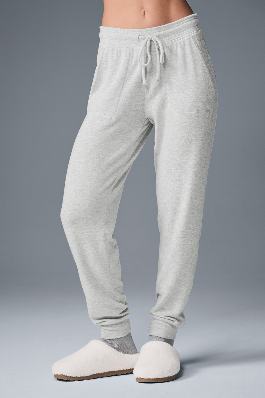 Close-up of Alolux fabric texture on camo sweatpants variant