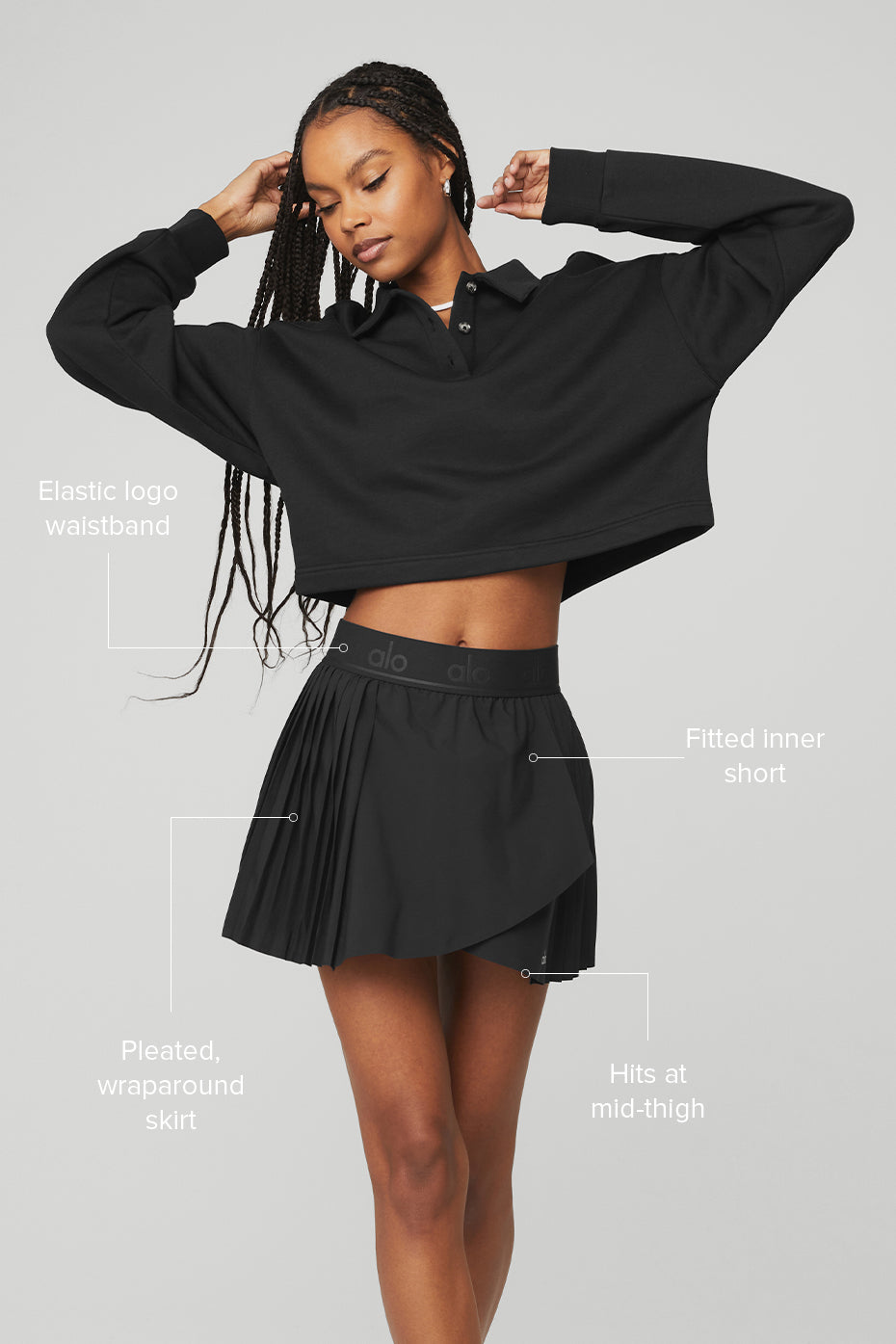 Close-up of hidden pocket in black tennis skirt