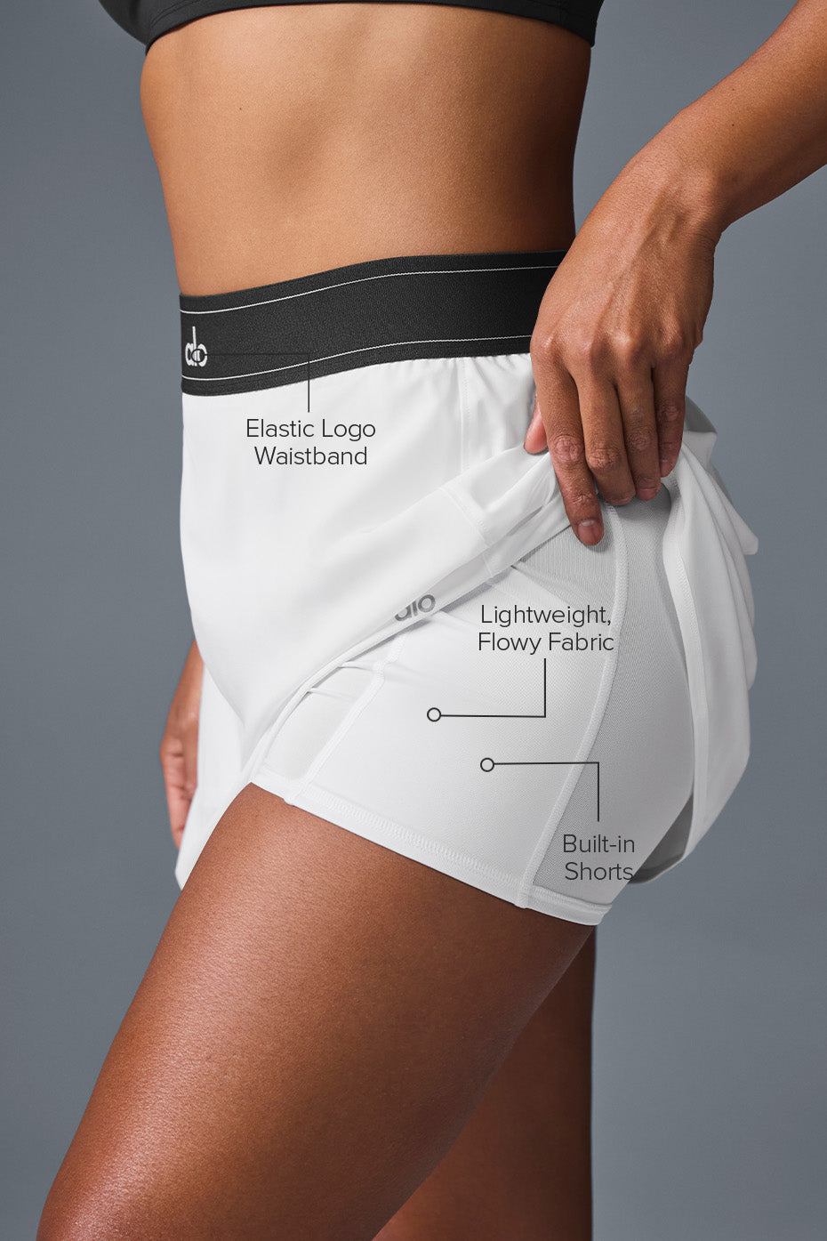 Side angle of the tennis skirt with built-in shorts for comfort.
