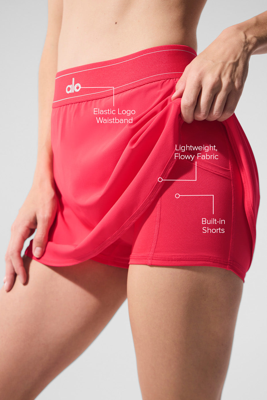 Side view of the athletic skirts with built-in shorts and mini hem