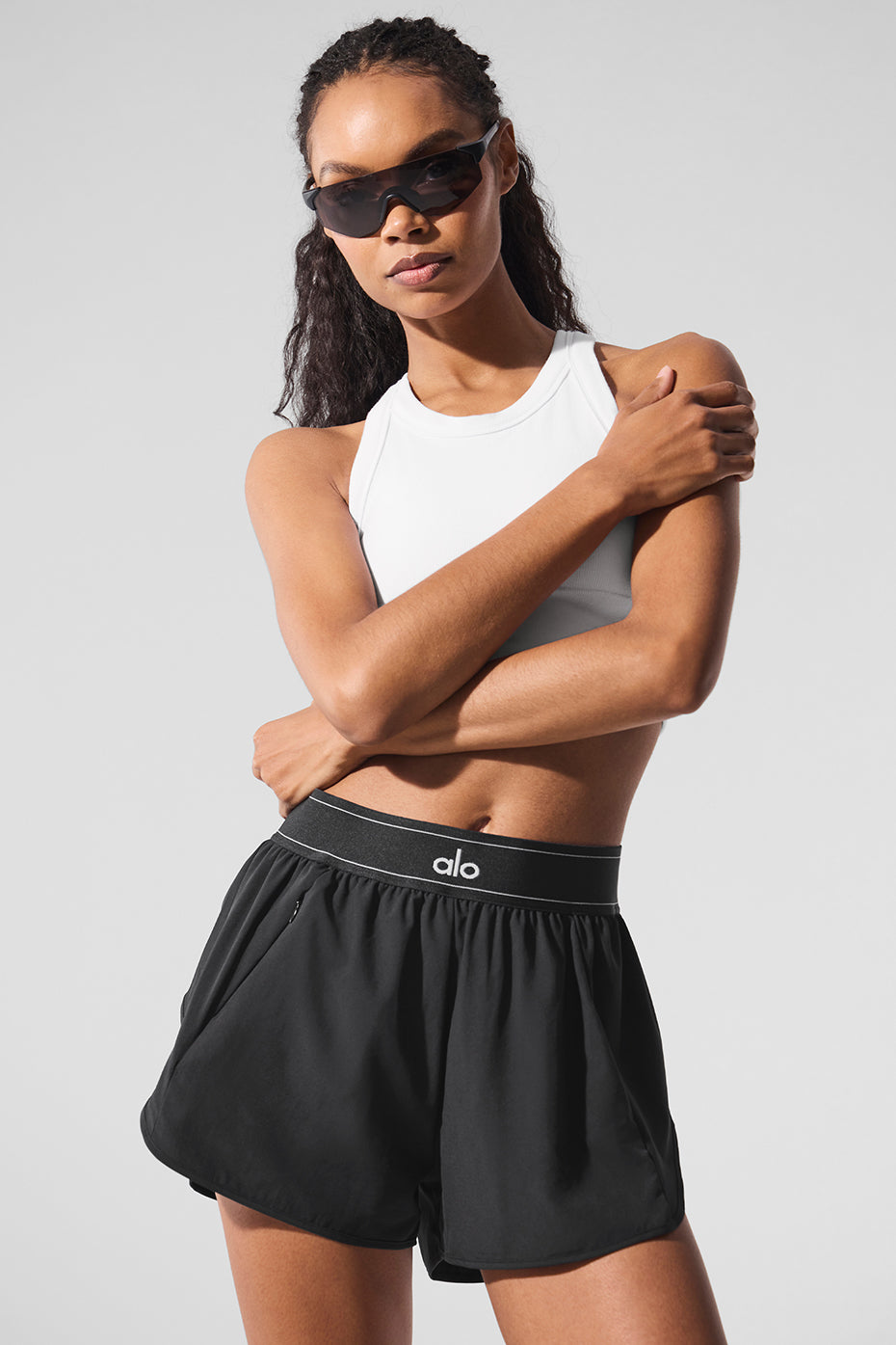 Detail of branded waistband and relaxed fit suitable for athletic movement