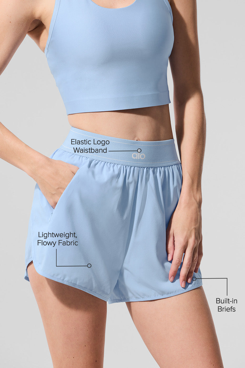 View of the elastic waistband and built-in briefs of seashell blue running shorts.