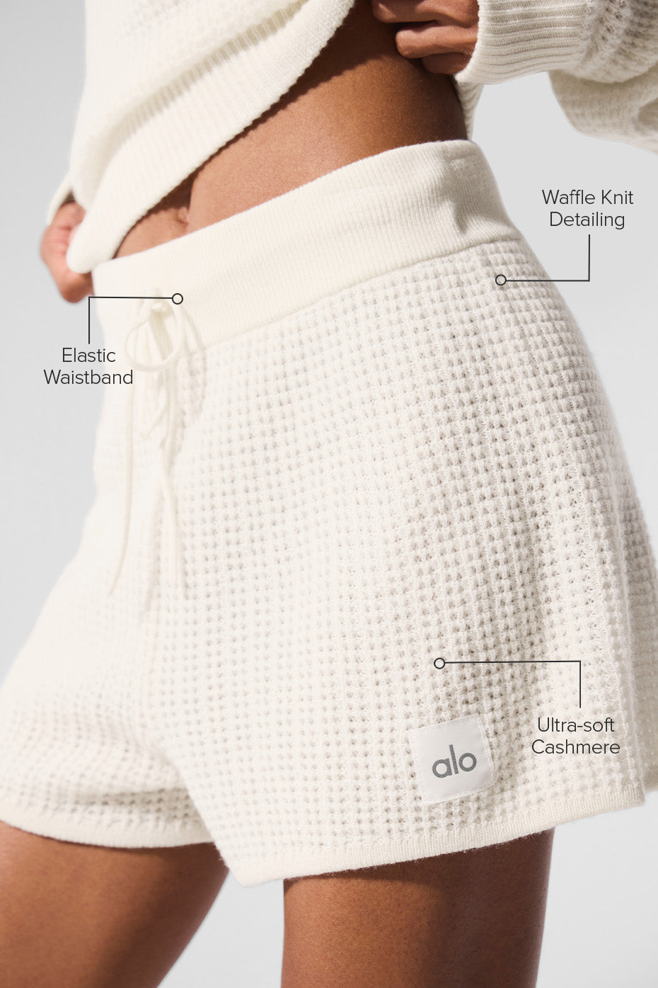 Side view of cashmere waffle shorts, ideal for summer lounging.