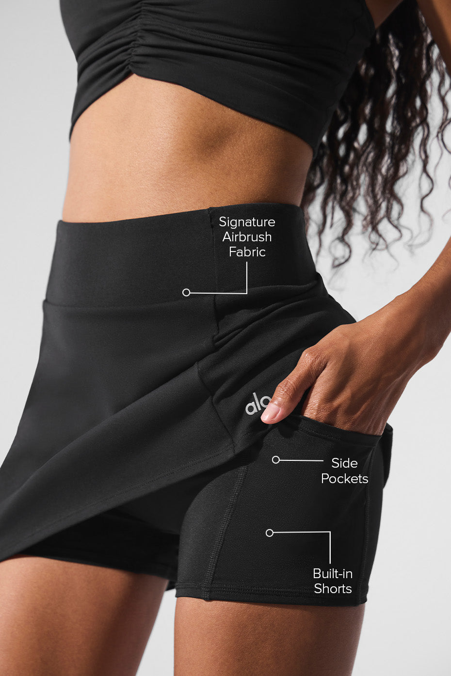 Side view highlighting the built-in shorts and pocket design.