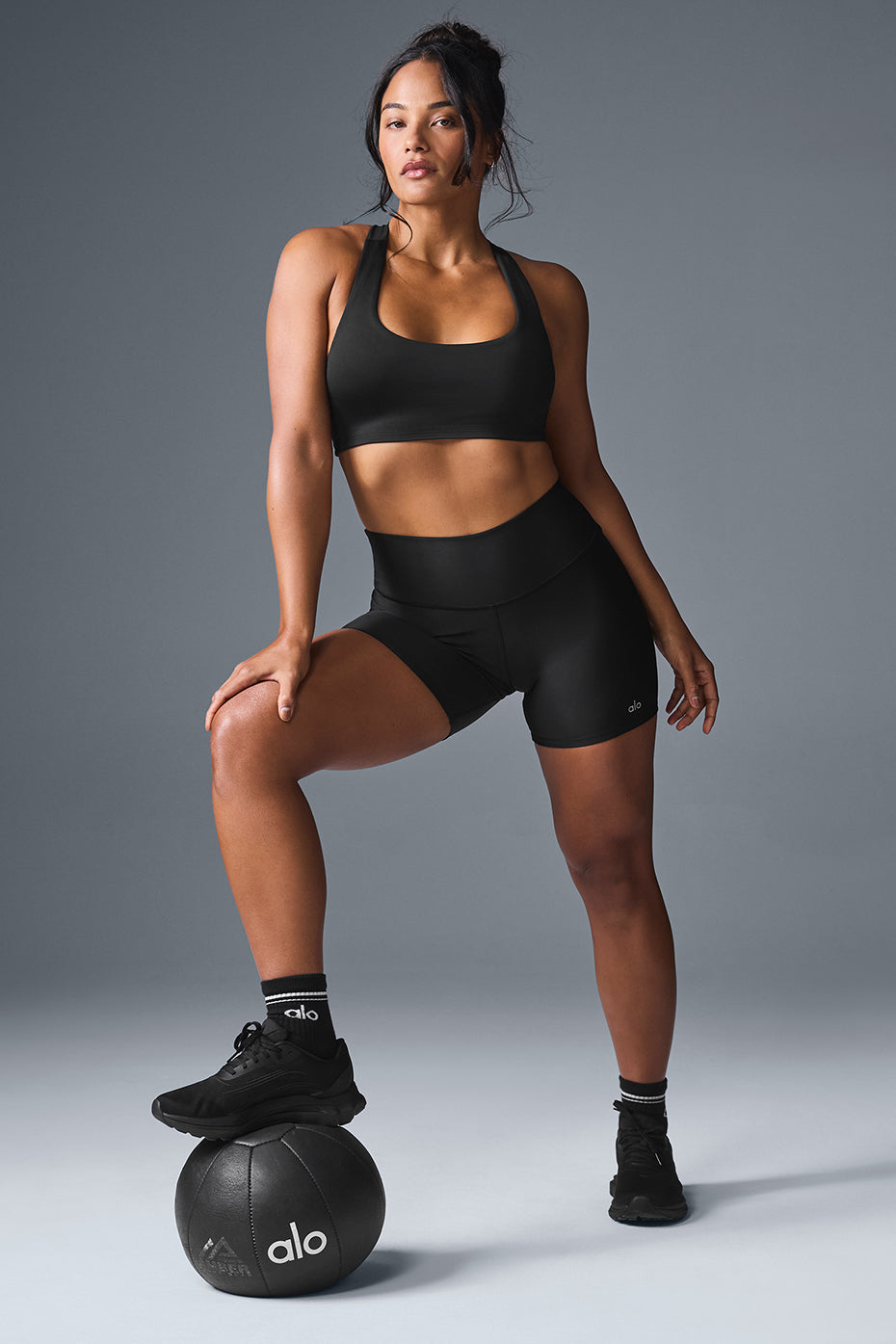 Front view of Airlift high-rise compression bike shorts in black