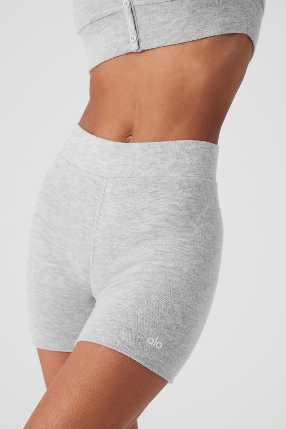 Side view showcasing the elastic waistband of Alolux biker shorts for women.