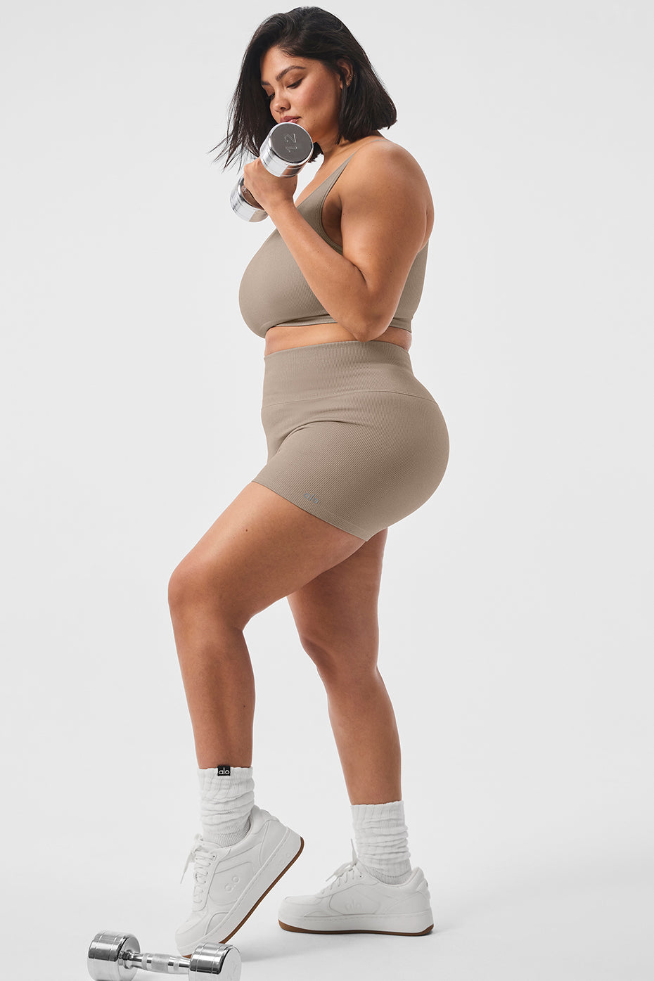 Front view of seamless high rise shimmer shorts in Gravel