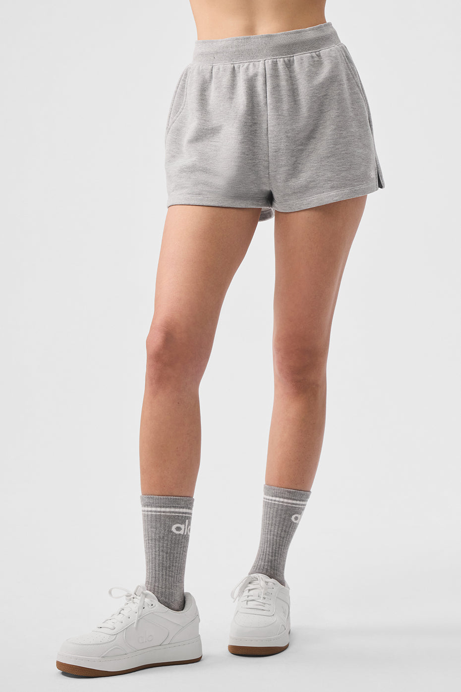 Front view of chic French terry sweat shorts in athletic heather grey.