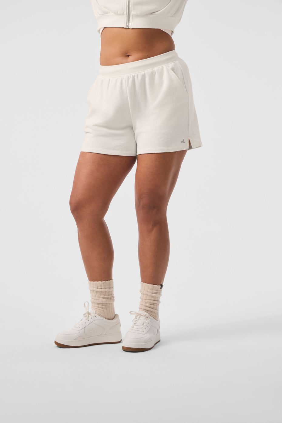 Close-up of the internal drawstring feature on high rise shorts.