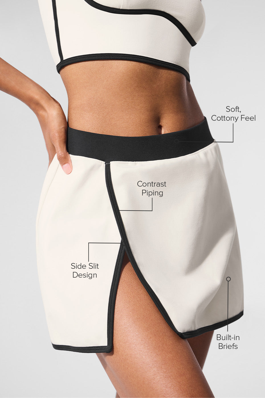 Side view of the A-line skirt with a thigh-high slit, ideal for tennis and casual outings.