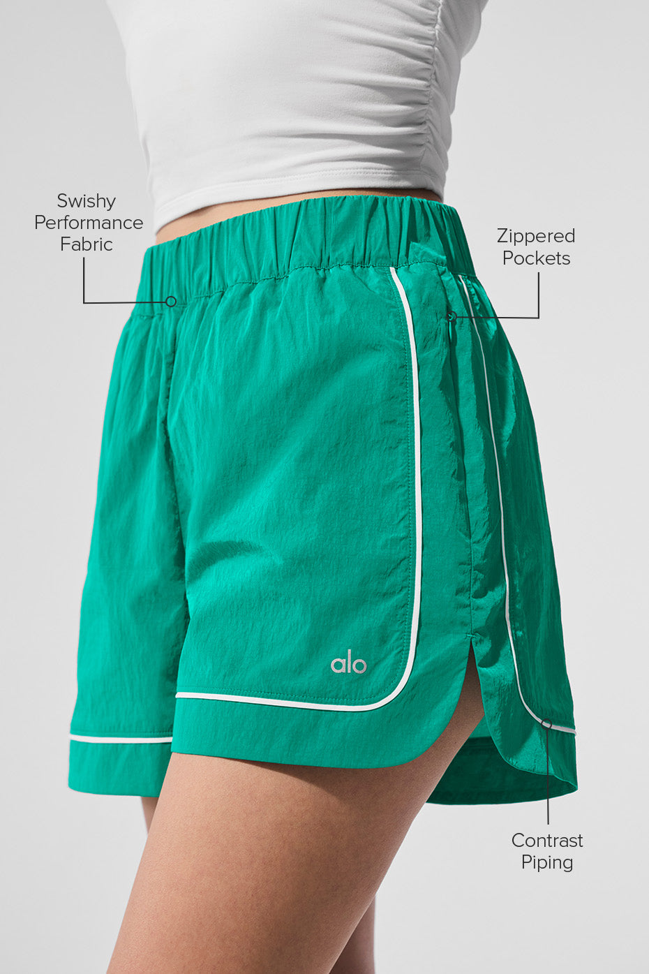 Close-up of contrast piping on Motivate athletic shorts.
