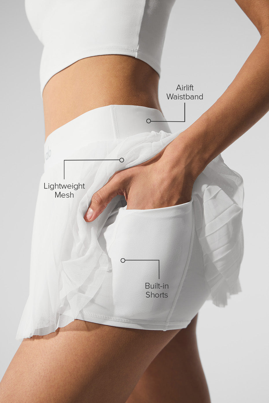 Side view of the tennis skirt, highlighting the Airlift waistband and built-in shorts.