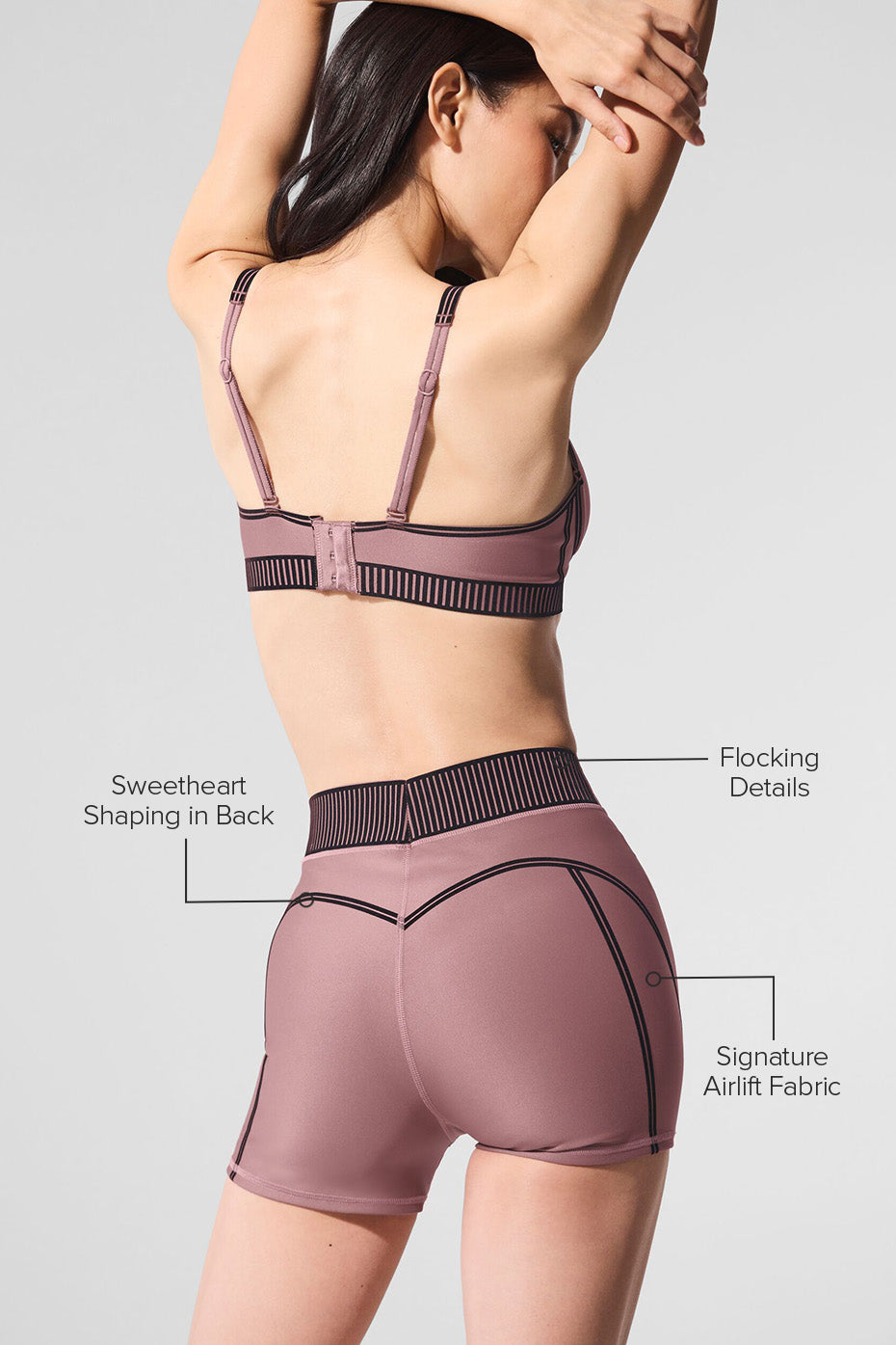 Back view showcasing the sweetheart detailing of the high waist workout shorts.