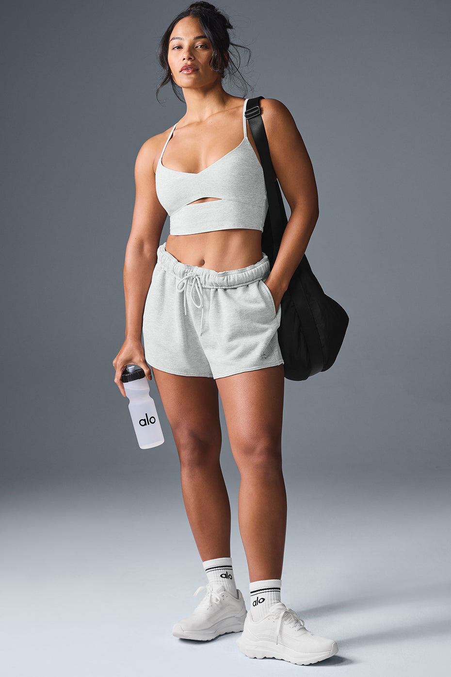 Close-up of the soft fabric texture of the Accolade Short in heather grey