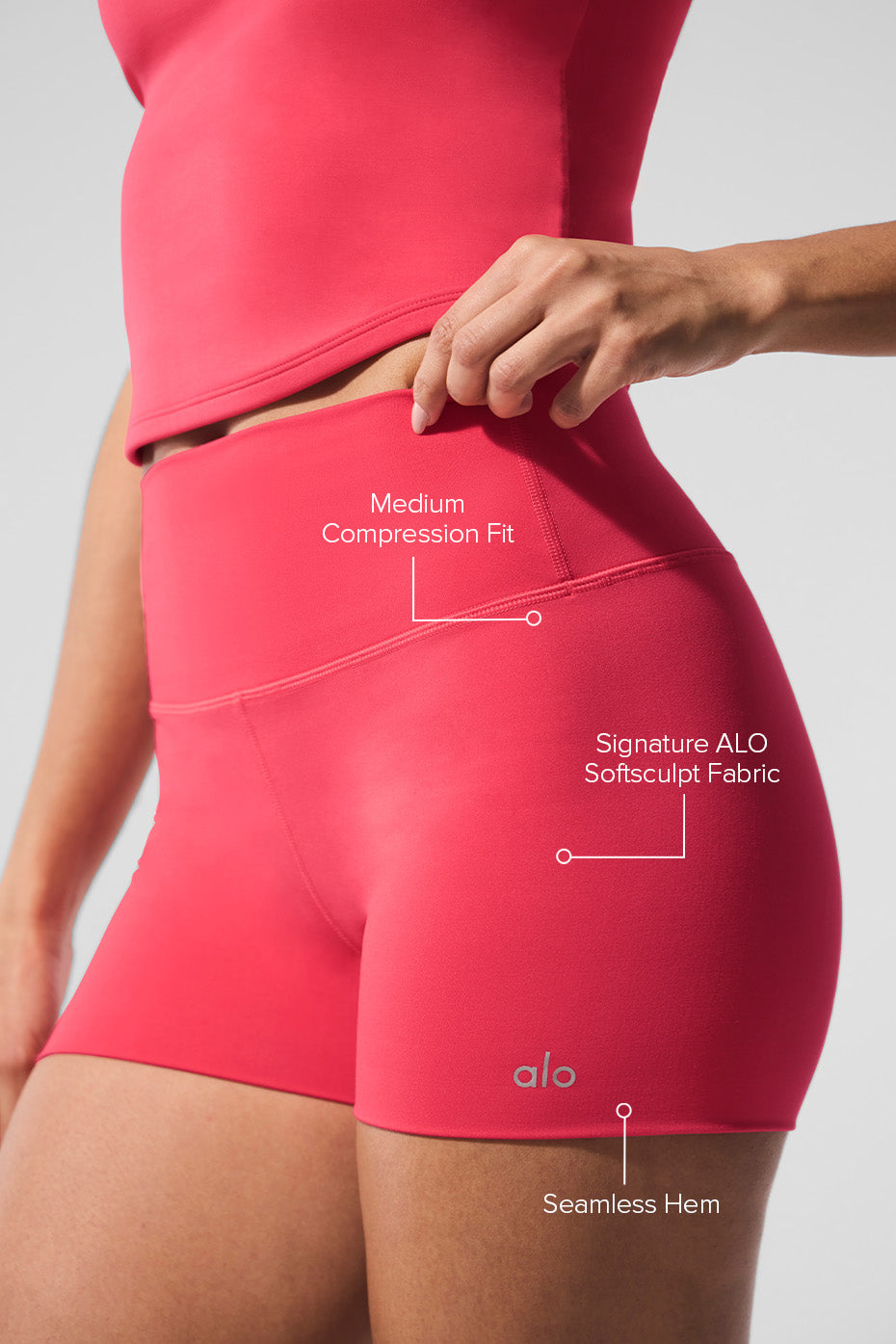 Side view showcasing the seamless hem of ALO performance shorts