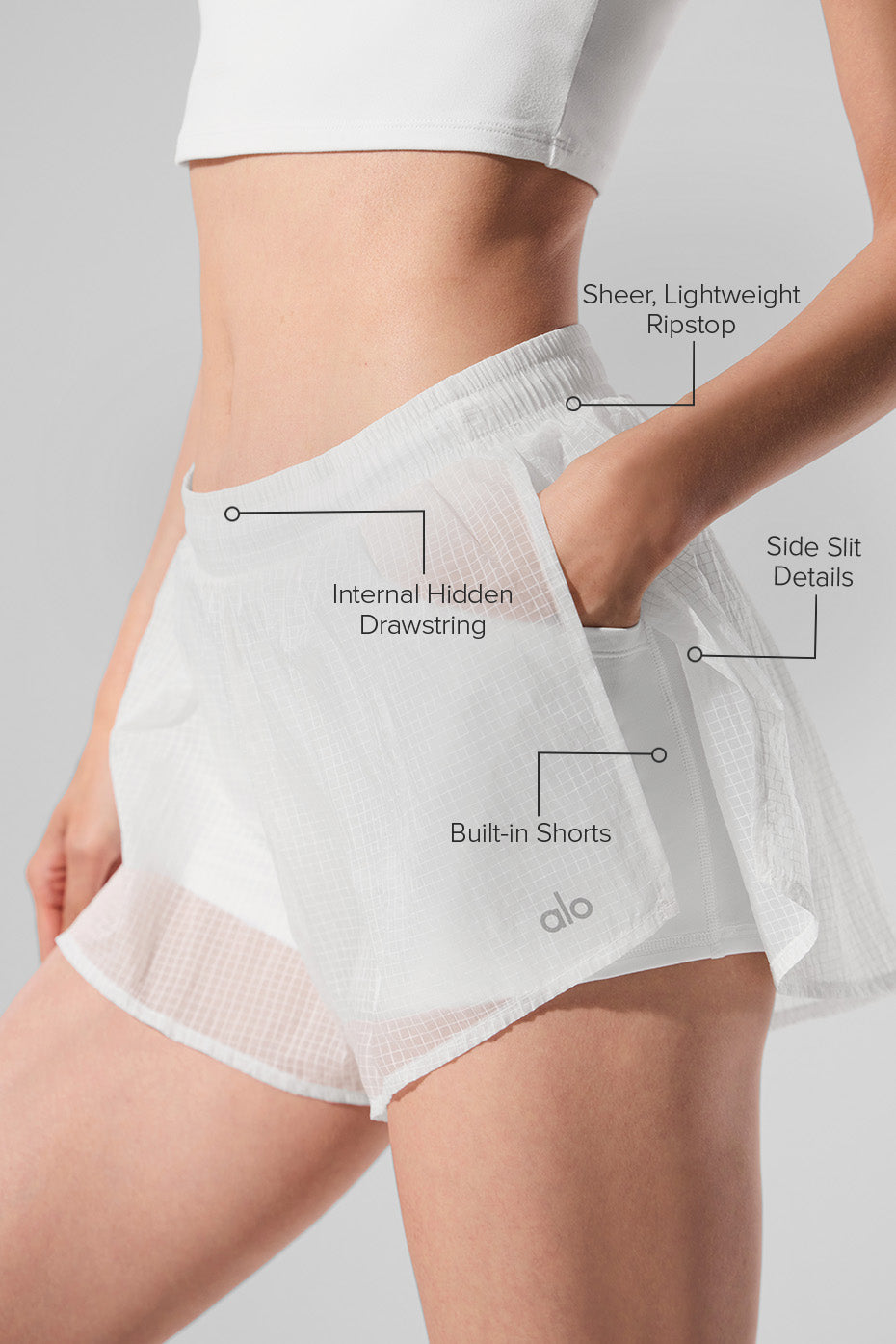 Side view showcasing the breezy fit of womens athletic shorts in white.