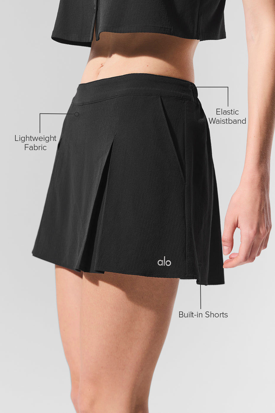 Side view of the Dreamscape tennis skirt, highlighting the built-in shorts.