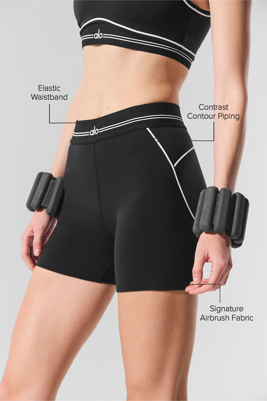 Close-up of piping detail on airbrush shorts showing contour design.