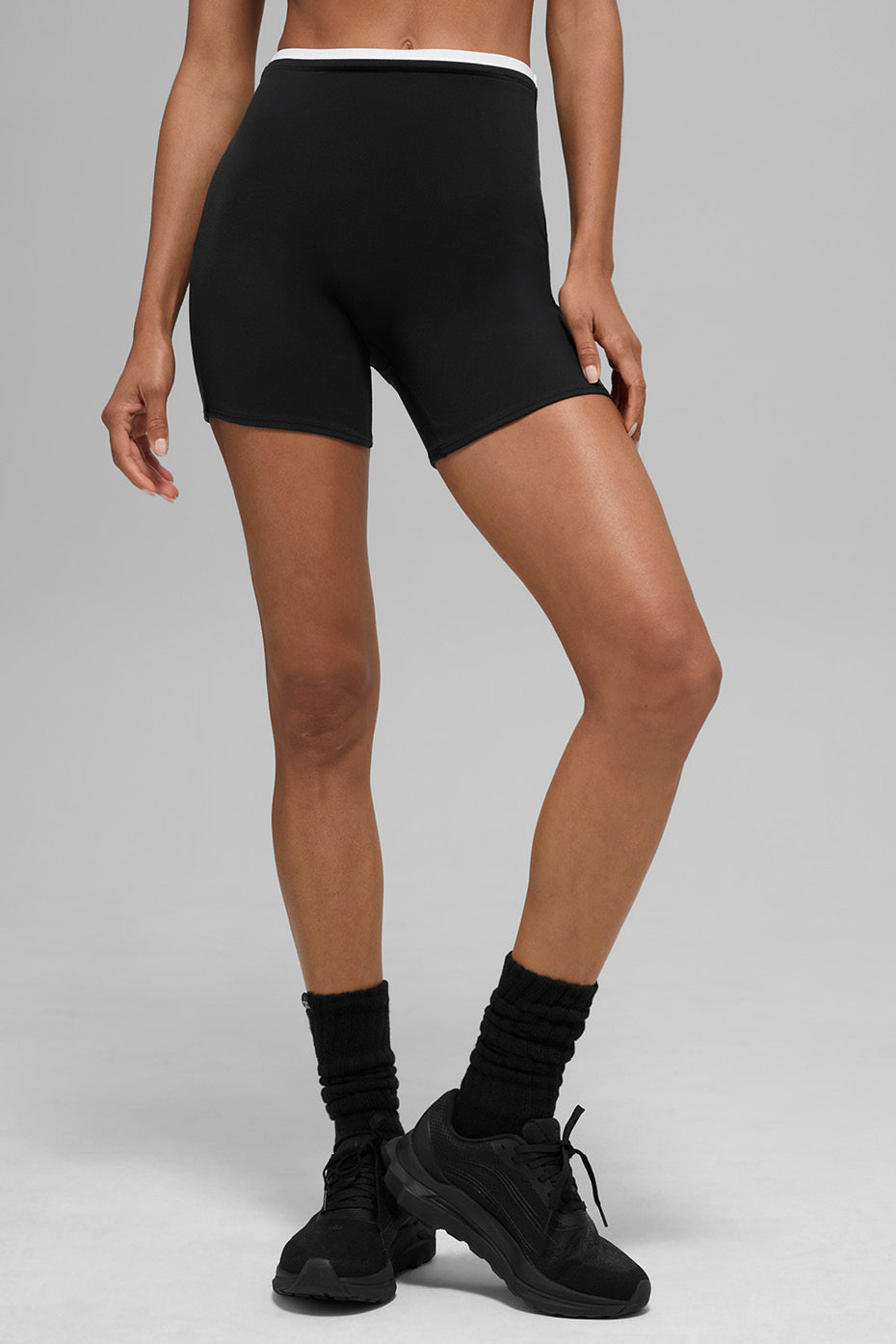 Casual look featuring the Airbrush Double Up womens workout shorts paired with a matching top.