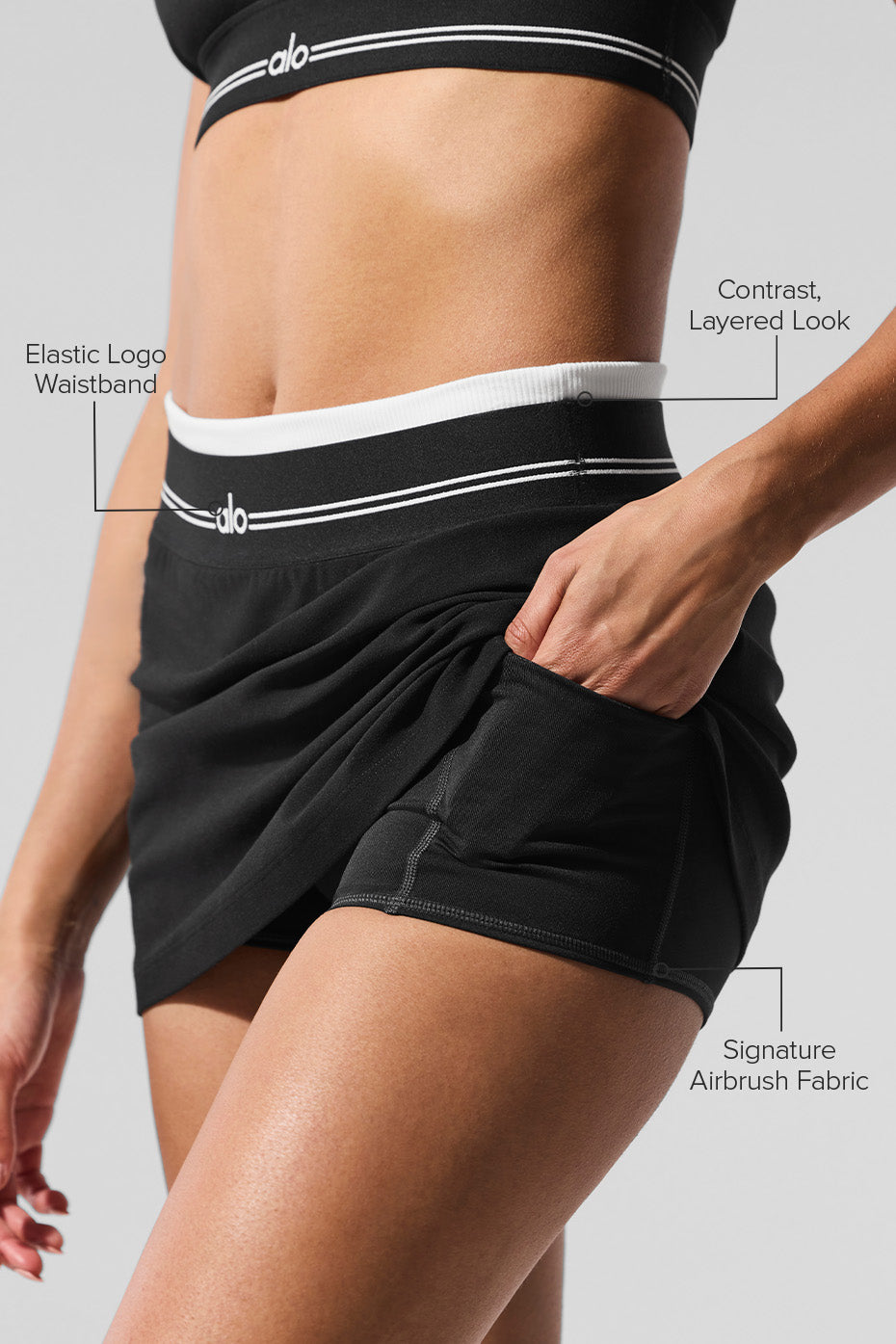 Close-up of the elastic waistband of the tennis skirt.