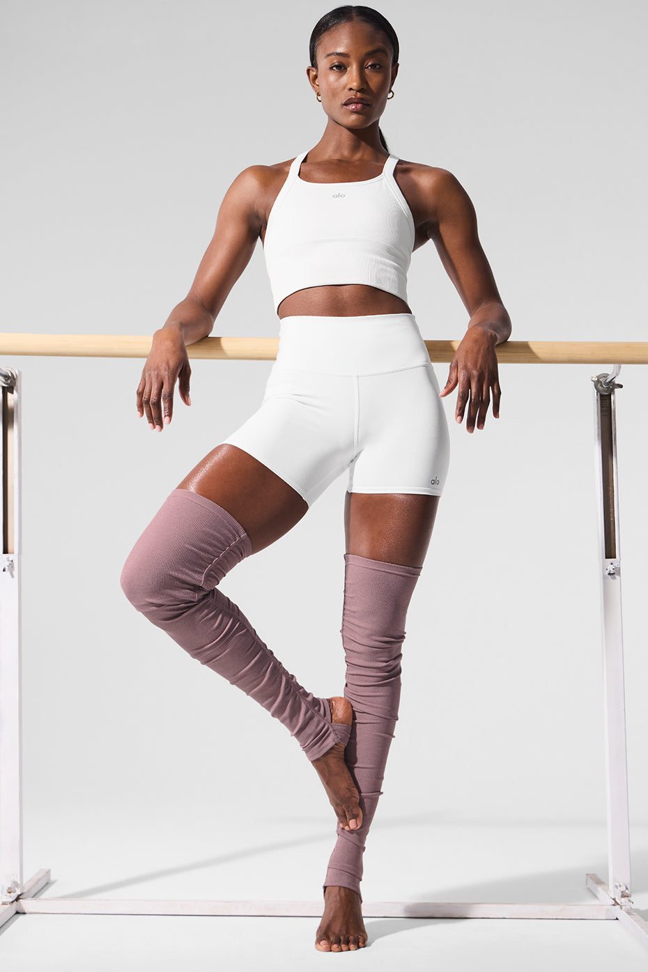 Close-up of ribbed texture and stirrup design on smoky quartz leg warmers