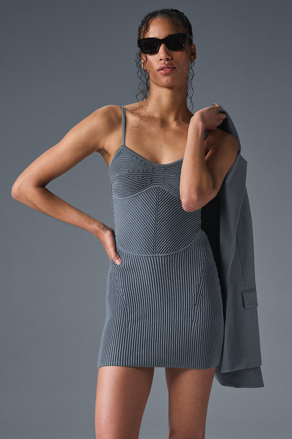 Front view of the ribbed knit mini dress in steel grey.