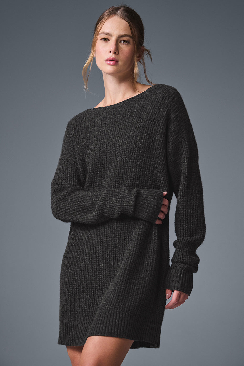 Front view of dark heather grey cashmere plush waffle dress on model