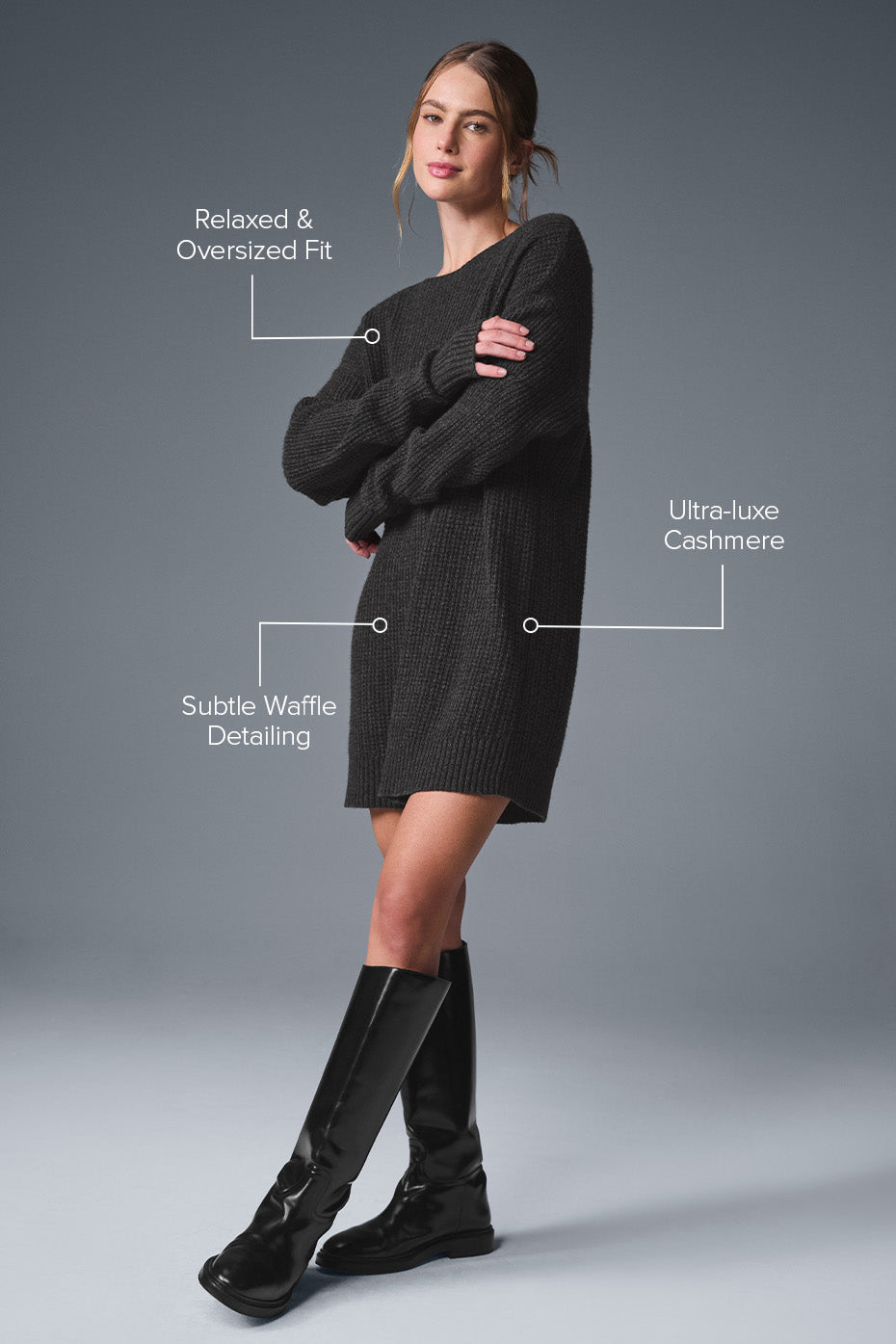 Close-up of waffle texture on cashmere dress in cozy setting