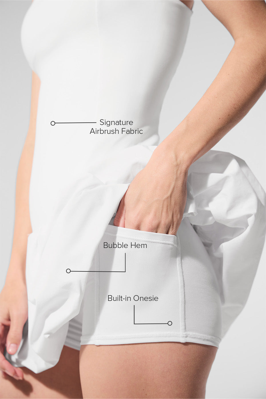 Close-up of the bubble hem detail on the womens tennis dress.