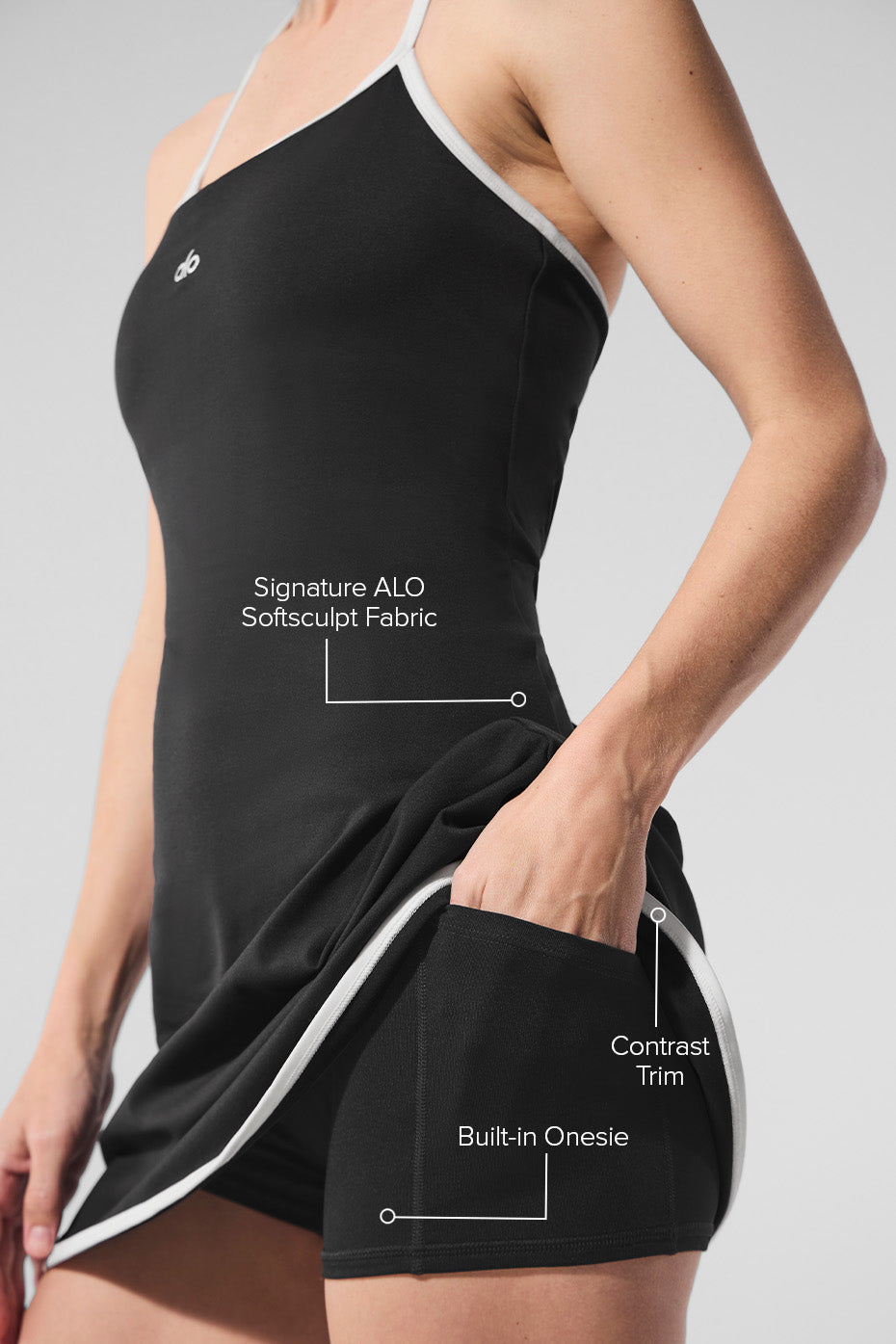 Back view of the ALO Softsculpt Halter Tennis Dress, highlighting the halter neck.